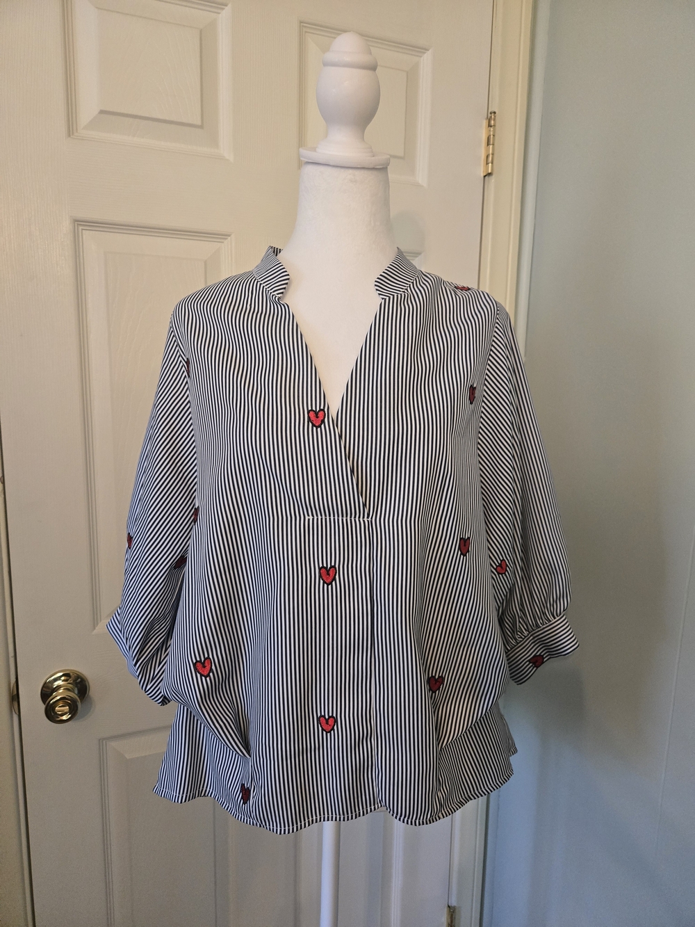 Striped Popover Blouse with Red Heart Embroidery - Women